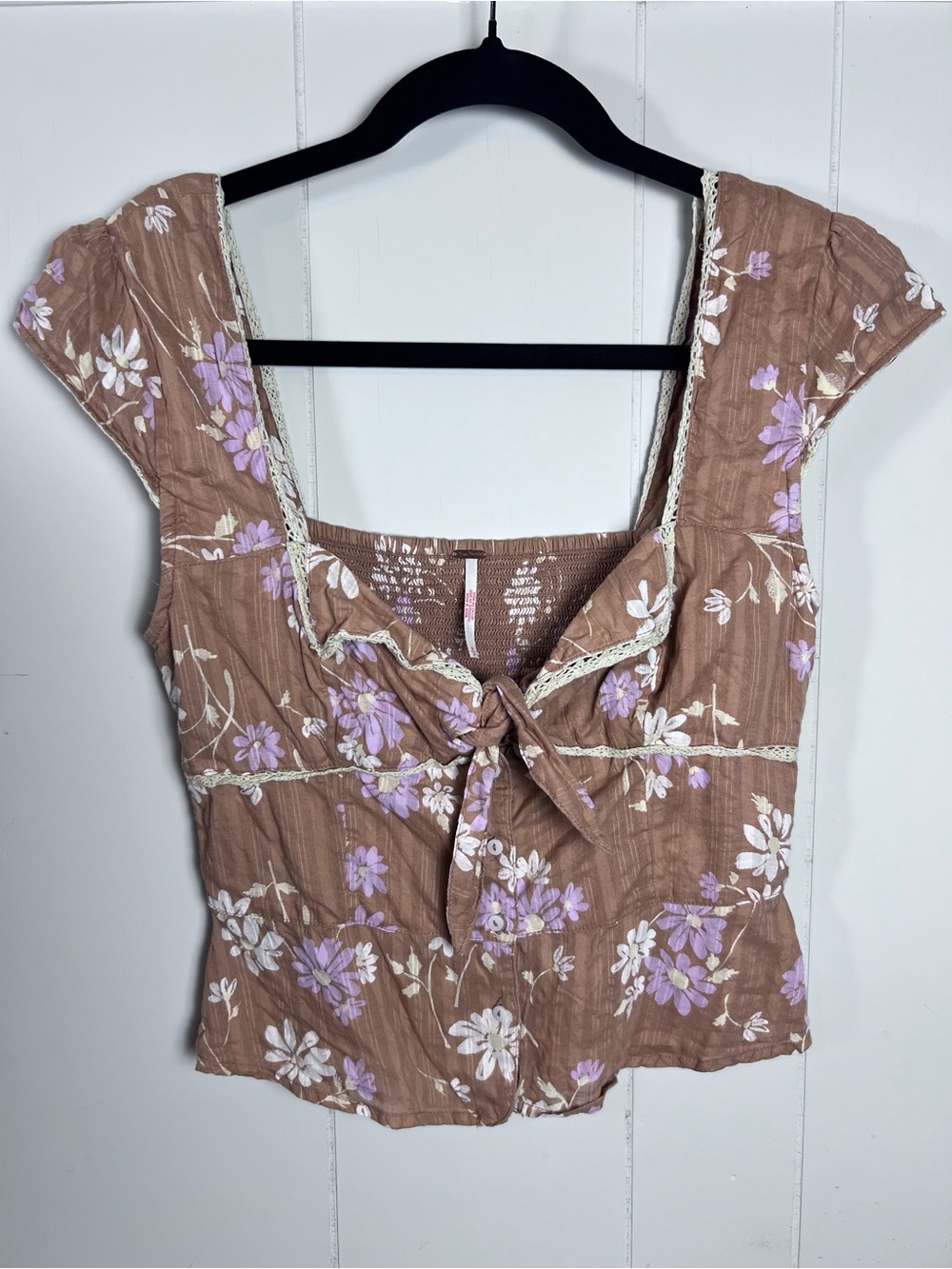 Free People Cottagecore Floral Brown Tie-Front Crop Top size Small
